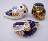 Three Royal Crown Derby paperweights: Little Owl dated 1998, silver stopper,