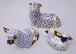 Three Royal Crown Derby paperweights: Premier Ram dated 1991, lamb and pair lambs,