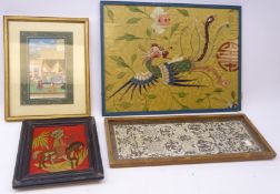 Chinese silk panel embroidered with an exotic bird amongst foliage, 54cm x 40cm,