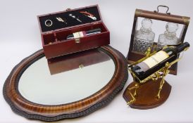 20th century two-bottle tantalus, bottle stand, cased wine set,