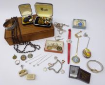 Collection of jewellery including two gold-plate silver rings, Jet brooch, stick pins, cuff links,