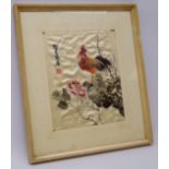 Chinese silk embroidered panel depicting a Cockerel perched on rockwork,