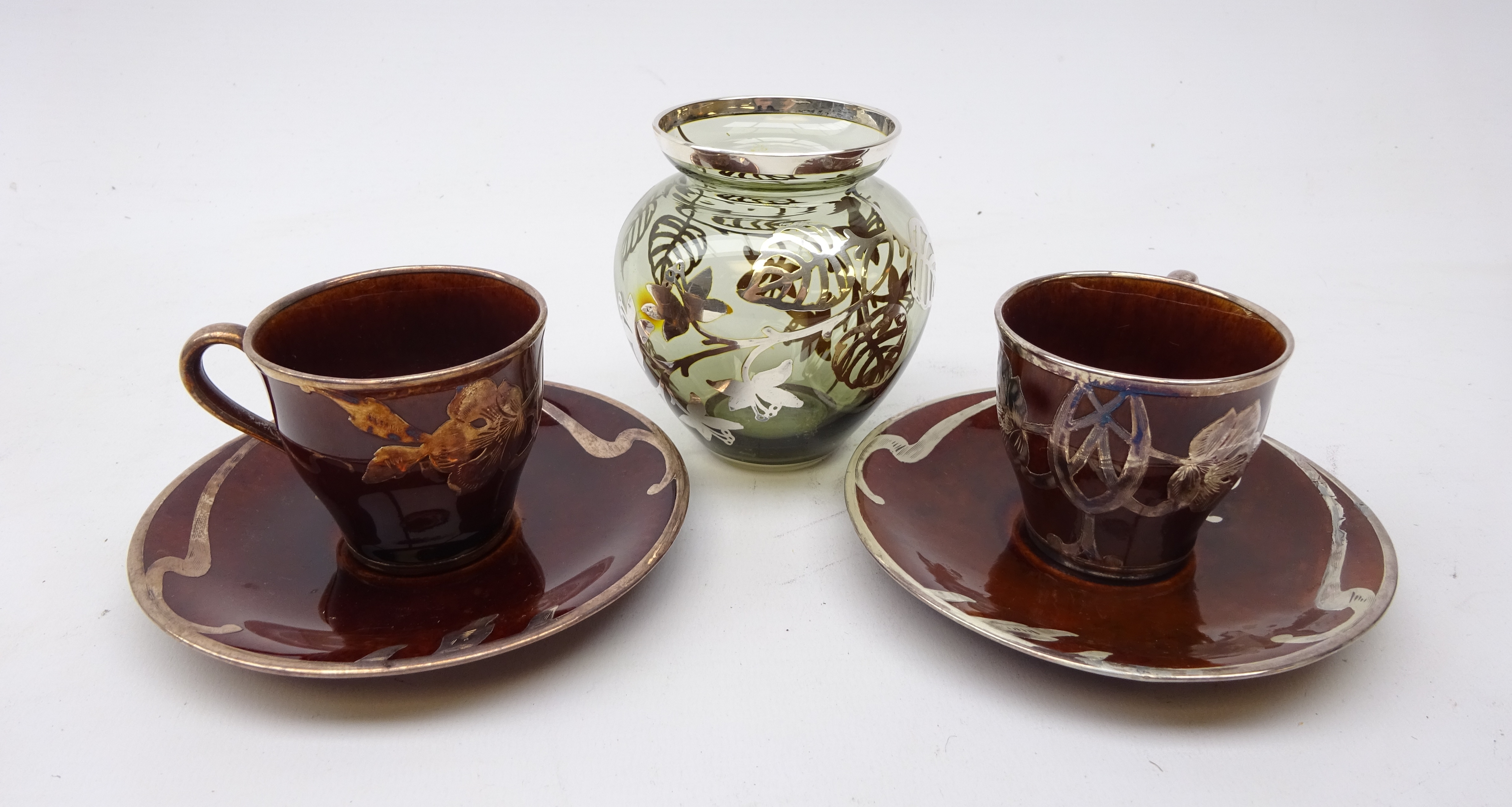 Pair Lenox silver overlay coffee cups & saucers and Spahr silver overlay glass vase (3)