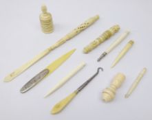 19th century turned ivory thimble case, 19th century ivory needle case,
