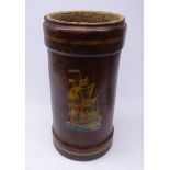 Early 20th century leather shell case with Galleon decoration, converted to stick stand,