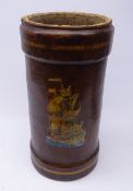 Early 20th century leather shell case with Galleon decoration, converted to stick stand,