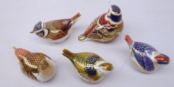Five Royal Crown Derby Bird paperweights: Crested Tit, Firecrest and three others,