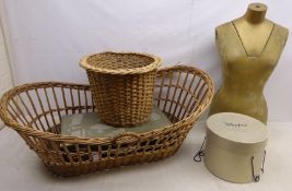 Vintage dress makers half mannequin, H74cm wicker moses basket, wicker basket,