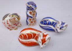 Four Royal Crown Derby paperweights: Arctic Fox & Red Fox, silver stopper,