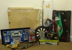 Archery target with bow and arrows, table top billiard table, boxed, dart board,