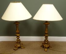 Pair Florentine style lamps on scroll tripod base with shades,