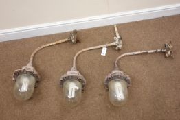 Three ELP industrial factory metal wall lights, glass shades marked HYSIL tested to 75lbs/sq ins,