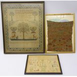 Three 19th century samplers: worked with the alphabet, central altar table, flowers etc dated 1811,