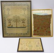 Three 19th century samplers: worked with the alphabet, central altar table, flowers etc dated 1811,