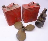 Two 1953 WD red painted petrol cans, H32cm railway lamp numbered 31.