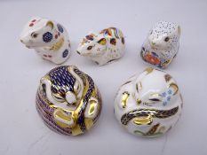 Five Royal Crown Derby paperweights: Bank Vole Exclusive, gold stopper,