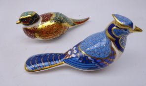 Two Royal Crown Derby paperweights: Blue Jay dated 1998 and Woodland Pheasant designed exclusively