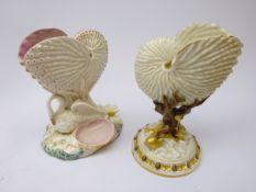 Two Royal Worcester nautilus shell vases, swan support on naturalistic shell shaped base,