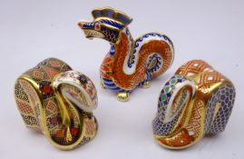 Three Royal Crown Derby paperweights: Dragon dated 1987, gold stopper and two Snakes,