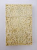 19th century Canton ivory card case, relief carved with figures & Pagodas, 11.5cm x 7.
