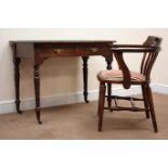 Edwardian ash desk, baize inset moulded top, two drawers, turned supports (W92cm, H73cm,