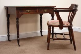 Edwardian ash desk, baize inset moulded top, two drawers, turned supports (W92cm, H73cm,