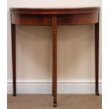 Edwardian inlaid demi lune games table, baize inset interior, square tapering support, W76cm, H75cm,