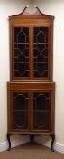 Edwardian inlaid mahogany corner cabinet, swan neck pediment, four astragal glazed doors,