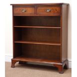 Regency style small inlaid mahogany open bookcase, moulded top, two drawers above three shelves,