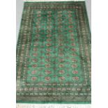 Bokhara green ground rug, geometric patterned field,