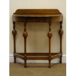 20th century oak D shaped side table with single drawer, on turned supports, W77cm, H81cm,