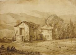 Attrib David Cox (British 1783-1859): Barn Study, pen and ink study unsigned,