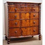Victorian bow front mahogany chest with foliate carved false frieze top drawer above three drawers
