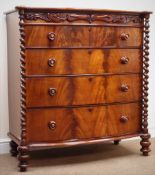Victorian bow front mahogany chest with foliate carved false frieze top drawer above three drawers