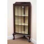 Early 20th century mahogany display corner cabinet, raised back, hinged door,