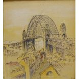 Sydney Harbour Bridge, 20th century pastel on paper signed with initials BPS and dated 195?,