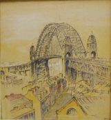 Sydney Harbour Bridge, 20th century pastel on paper signed with initials BPS and dated 195?,