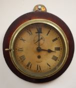 Smiths brass cased Bulkhead type clock, Roman dial with subsidiary seconds, on oak plaque,
