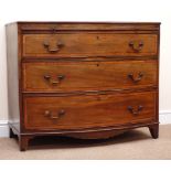 19th century inlaid mahogany bow front chest, single slide above three graduating drawers,