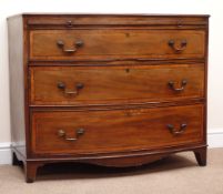 19th century inlaid mahogany bow front chest, single slide above three graduating drawers,