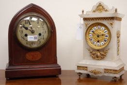 Edwardian lancet cased inlaid mahogany mantel clock, with silvered Arabic dial,