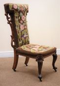 Victorian Prie-Dieu style rosewood chair, carved and pierced sides,