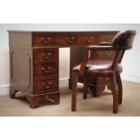 Reproduction mahogany twin pedestal office desk, tooled maroon leather inset top, eight drawers,