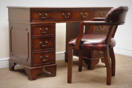 Reproduction mahogany twin pedestal office desk, tooled maroon leather inset top, eight drawers,