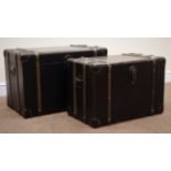 Set two graduating vintage style travelling trunks, wood and metal bound sides,
