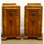 Pair Art Deco style walnut bedside cabinets, raised back, single drawers above cupboard, W39cm,
