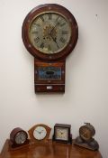 19th century drop-dial rosewood wall clock, H71cm, Bakelite cased Enfield mantel clock, H14cm,