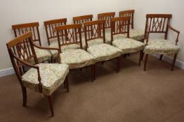 Set ten (8+2) Georgian inlaid mahogany dining chairs with serpentine front leather upholstered