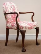 Queen Anne style walnut framed open arm chair upholstered in Raspberry and cream Toile,