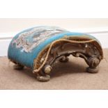 Victorian mahogany framed arched footstool, upholstered seat, carved detailing, bun feet, W34cm,